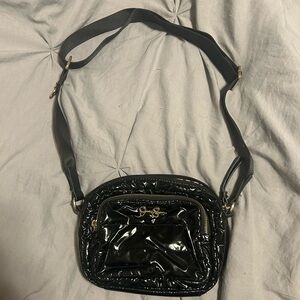 Jessica Simpson Glossy Black Crossbody Bag with Adjustable Straps